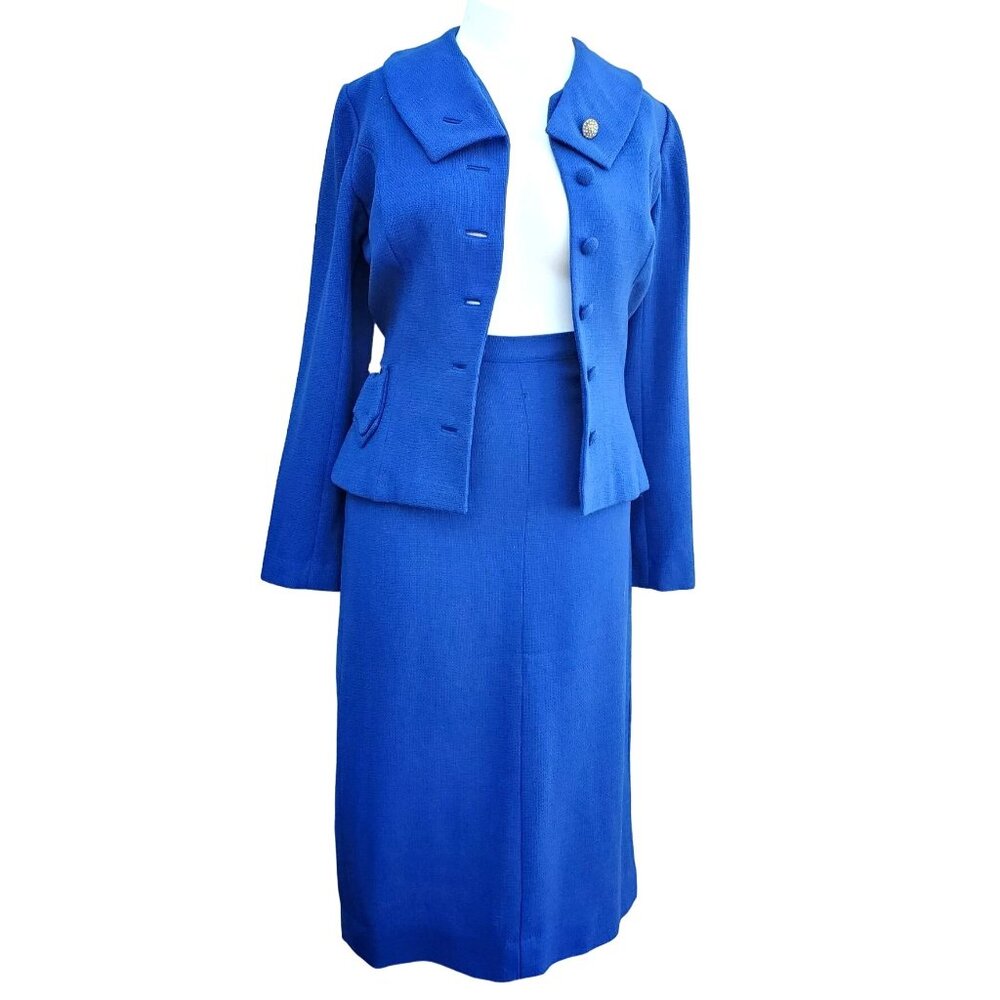 60s Blue Wool Skirt Suit Rhinestone Embellished Repaired Size 6 -  26" Waist